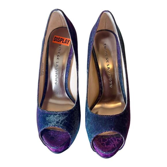 Chinese Laundry Platform Pumps Hot Spots Shoes Women Sz 6 Peep Toe Blue Purple - Picture 5 of 14